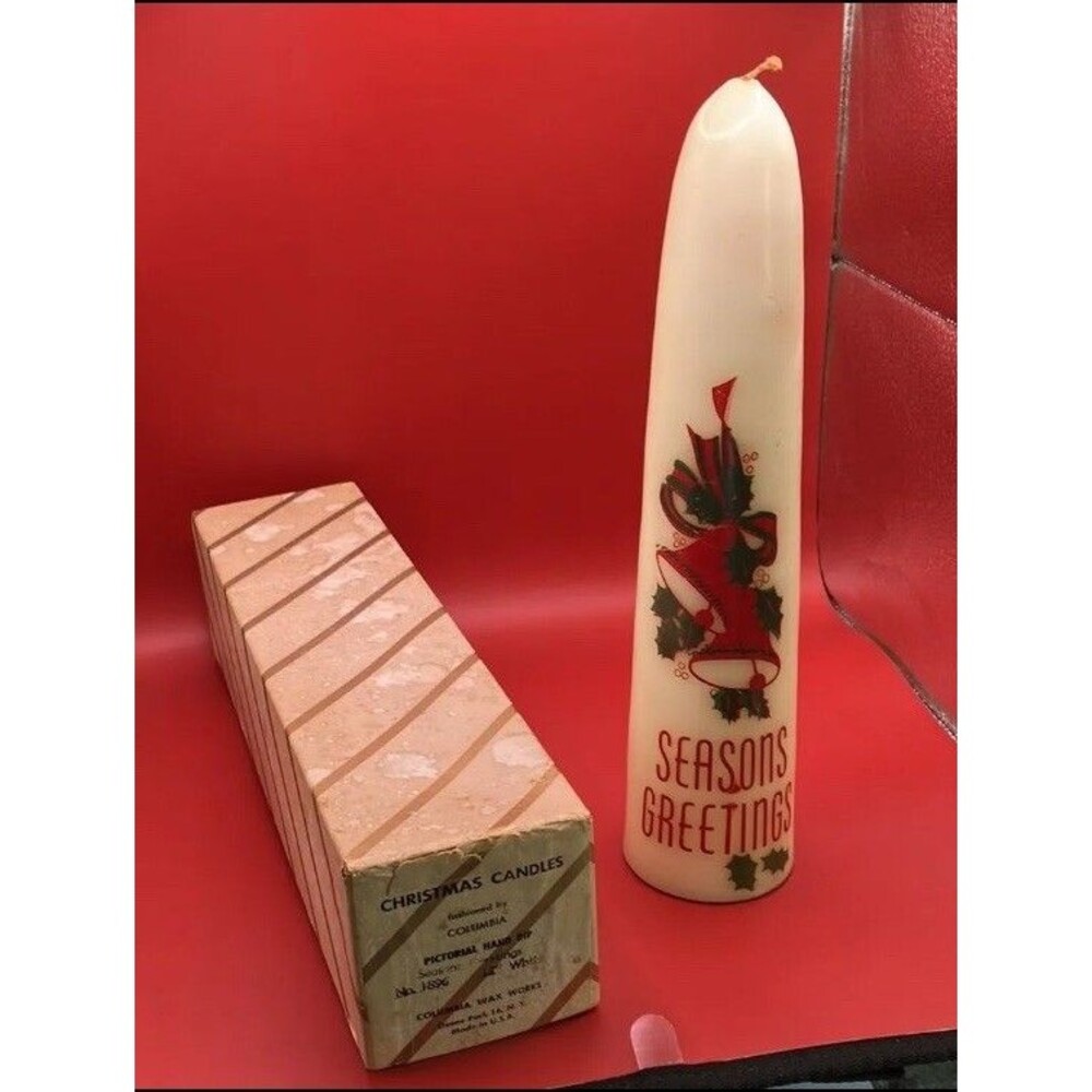 VTG Christmas Columbia Wax Works Pictorial Hand Dipped Seasons Greetings Candle